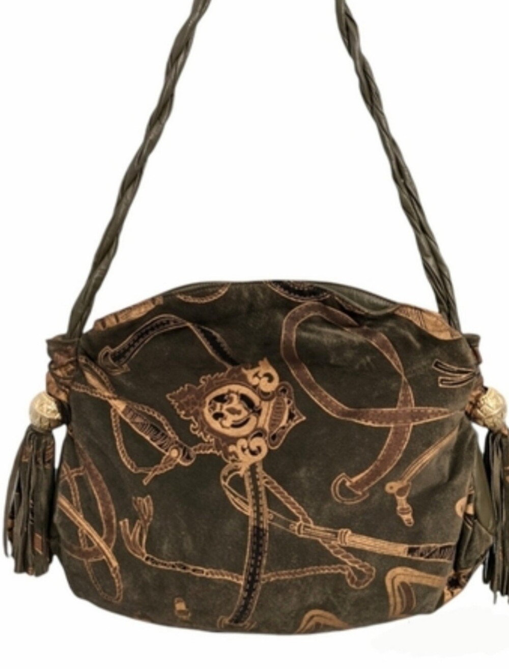 Vintage Park Avenue Olive Green Equestrian Horsebit Embossed Suede Leather Bag